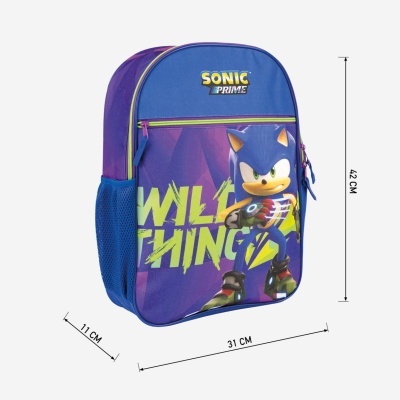 Mochila azul e roxa com estampa do Sonic e bolsos laterais de rede