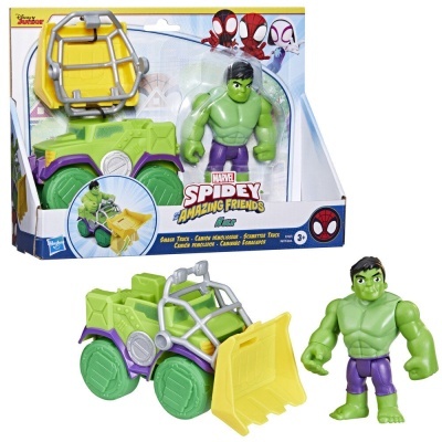 Pack brinquedo figura Hulk e caminhão destruidor verde e amarelo Marvel Spidey