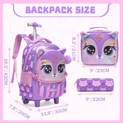 Mochila com rodas, saco quadrado e estojo lilás com rosto de animal e padrão de raposas