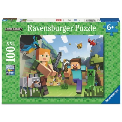 Caixa de puzzle Ravensburger de 100 peças XXL com imagem Minecraft e fundo verde quadriculado