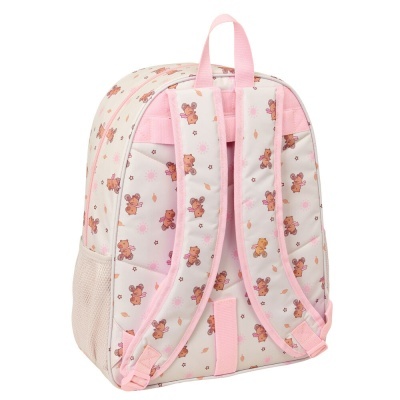 Mochila infantil bege com padrão de ursinhos e estrelas e detalhes em rosa