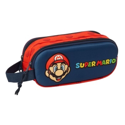 Estojo escolar azul escuro e vermelho com tema Super Mario