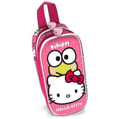 Estojo escolar rosa com personagens Keroppi e Hello Kitty e texto impresso