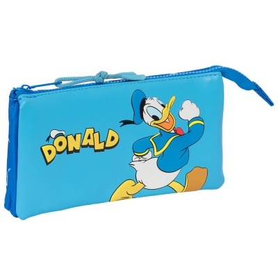 Estojo escolar azul com personagem Donald Duck e texto amarelo