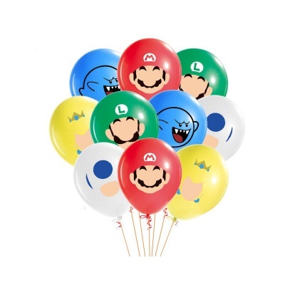 Balões coloridos tema Super Mario com caras de personagens e símbolos.