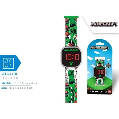 Relógio LED digital Minecraft com bracelete verde e embalagem