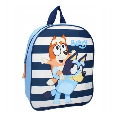 Mochila infantil azul com estampa dos personagens Bluey e Bingo e riscas horizontais