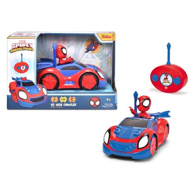 Carro de controlo remoto vermelho e azul com figura do Homem-Aranha e comando vermelho