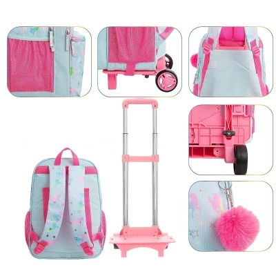 Mochila infantil azul com detalhes rosas, rodinhas e pompom