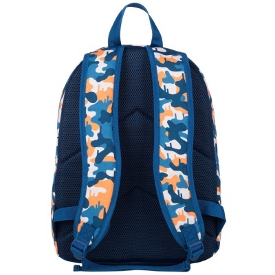 mochila azul com padrão camuflado nas alças e costas acolchoadas
