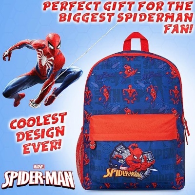 Mochila colorida com design do Homem-Aranha sobre fundo azul claro