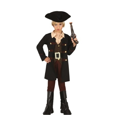 Fato infantil de pirata com casaco preto, calças castanhas e chapéu preto