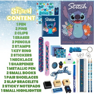Calendário de advento e artigos de papelaria Stitch coloridos e variados