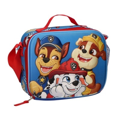 Mala infantil azul com personagens de cães e pega vermelha
