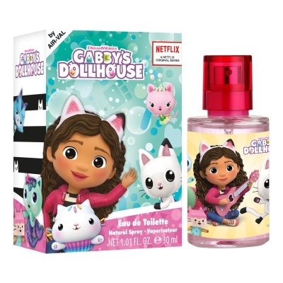 Eau de Toilette Gabby's Dollhouse com embalagem colorida e frasco com tampa vermelha
