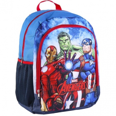Mochila infantil dos Avengers com personagens Homem de Ferro, Hulk e Capitão América