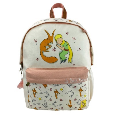 Mochila branca com ilustrações do Pequeno Príncipe e raposa e bolso rosa frontal