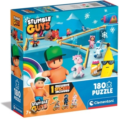 Caixa de puzzle Stumble Guys 180 peças com personagens coloridos e texto promocional