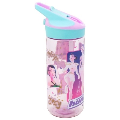 Garrafa plástico transparente com tampa azul e rosa e personagens animadas