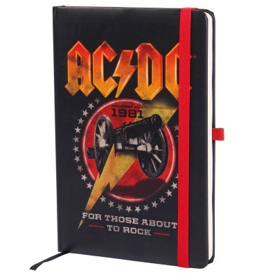 Caderno preto com capa rígida com tema AC/DC e elástico vermelho