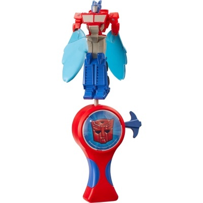 Brinquedo Transformers robô vermelho, cinza, azul com base vermelha e azul e símbolo Autobots