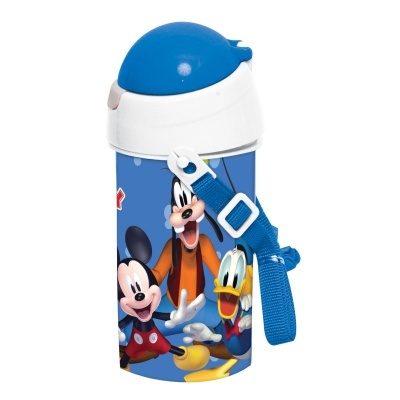 Garrafa infantil azul com personagens Disney Mickey, Pateta e Donald