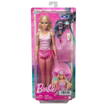 Boneca Barbie com fato-de-banho rosa e branco e acessórios numa embalagem cor-de-rosa