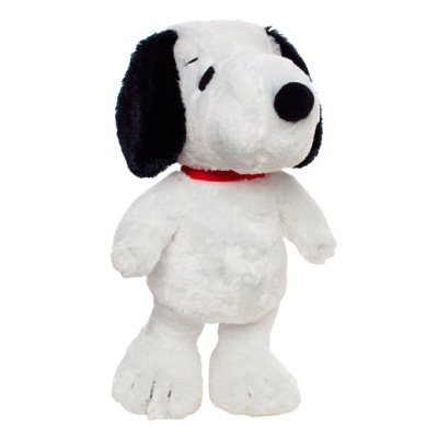 Pelúcia de cão Snoopy branco com orelhas pretas e coleira vermelha