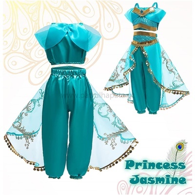 Fantasia Princess Jasmine azul-turquesa com calças e blusa, capa transparente com decoração dourada e franjas