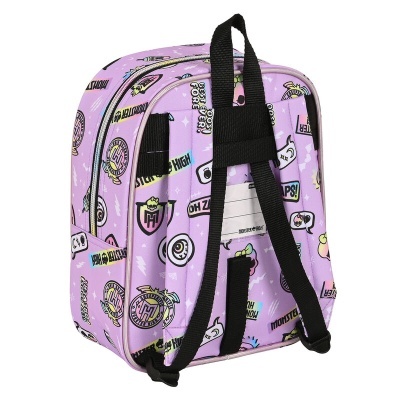 Mochila infantil lilás com padrões e textos Monster High e alças pretas