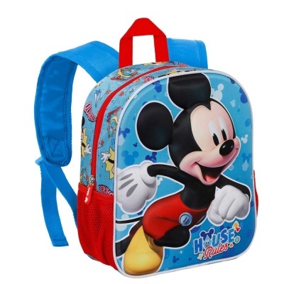 Mochila infantil azul e vermelha com desenho do Mickey Mouse e texto 'HOUSE Rules'
