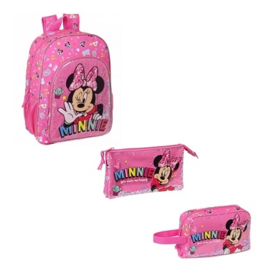 Mochila, necessaire e estojo cor-de-rosa com Minnie Mouse e texto 