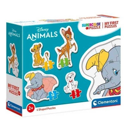 Caixa de puzzle Disney Animals com personagens Dumbo, Bambi, Leão e Dálmata em peças coloridas.