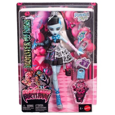 Boneca Frankie Stein Monster High com acessórios em embalagem rosa e transparente