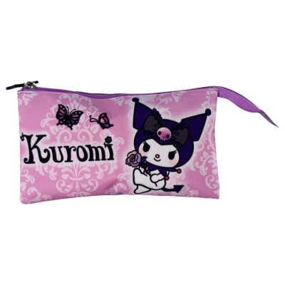 Estojo escolar rosa com personagem Kuromi e texto