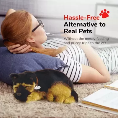 Mulher deitada com cão a dormir ao lado e texto publicitário sobre pets