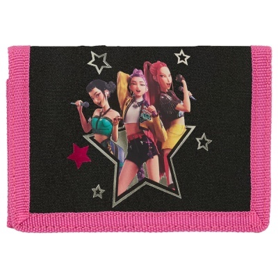 Carteira preta com bordas rosa e estampa de três personagens femininas dentro de uma estrela prateada