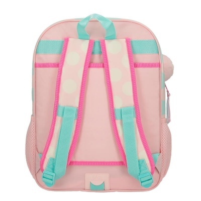 Mochila infantil rosa com alças e detalhes azuis e rosa