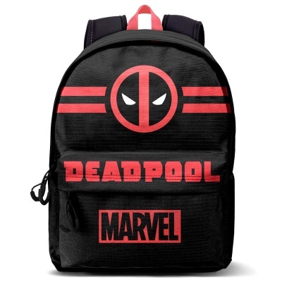 Mochila preta com logotipo e texto Deadpool e Marvel em vermelho