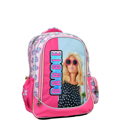 mochila cor-de-rosa com imagem de rapariga e texto BARBIE