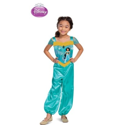 Fantasia de princesa Jasmine Disney azul-turquesa com detalhes amarelos