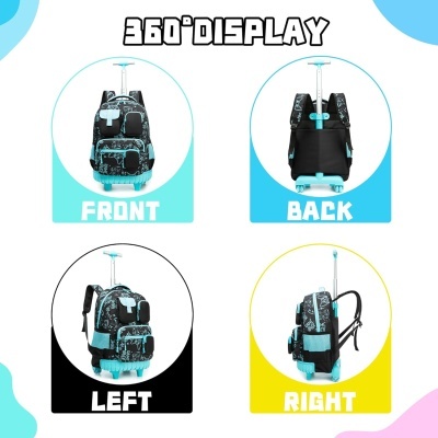 Mochila preta e azul com rodas e pega extensível vista de vários ângulos