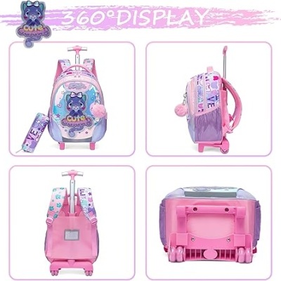 Mochila infantil rosa e lilás com desenho de ursinho e estojo escolar