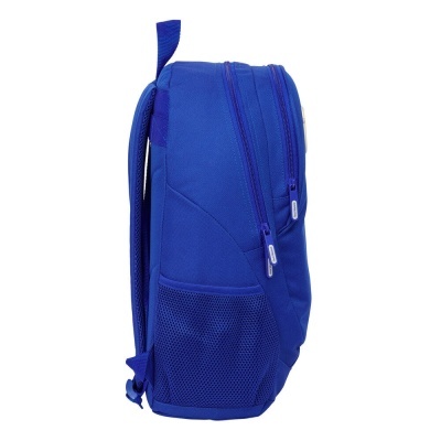 Mochila azul com bolsos e fechos de correr vista lateral