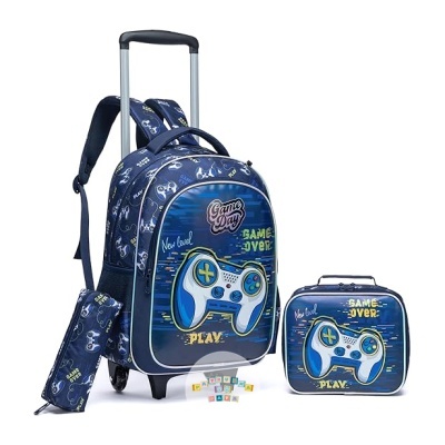 Conjunto escolar com mochila, lancheira e estojo com estampas de comandos de videojogos.