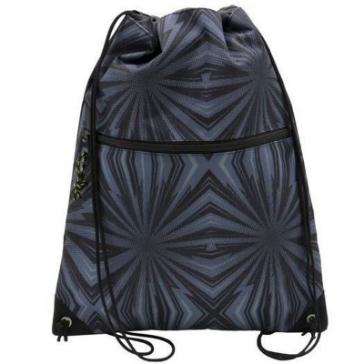 Mochila de cordão azul e cinza com padrão geométrico e bolso frontal com fecho