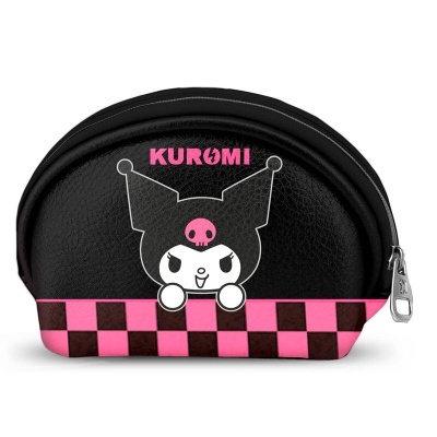 Bolsa de maquilhagem preta e rosa com personagem Kuromi e padrão de quadrados
