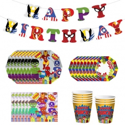 Conjunto festa heróis Marvel com bandeirola HAPPY BIRTHDAY, pratos, guardanapos e copos coloridos