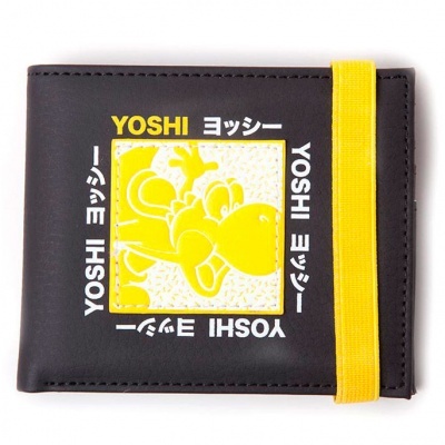 Carteira preta com elástico amarelo e personagem Yoshi impresso