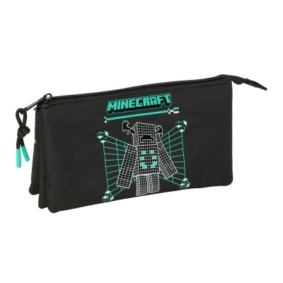 Estojo escolar preto com estampado MINECRAFT e personagem pixelizada verde e branco.